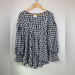 House of Lacuna Gingham Plaid Cotton Oversized Dyed Blouse Puff Sleeve Blouse